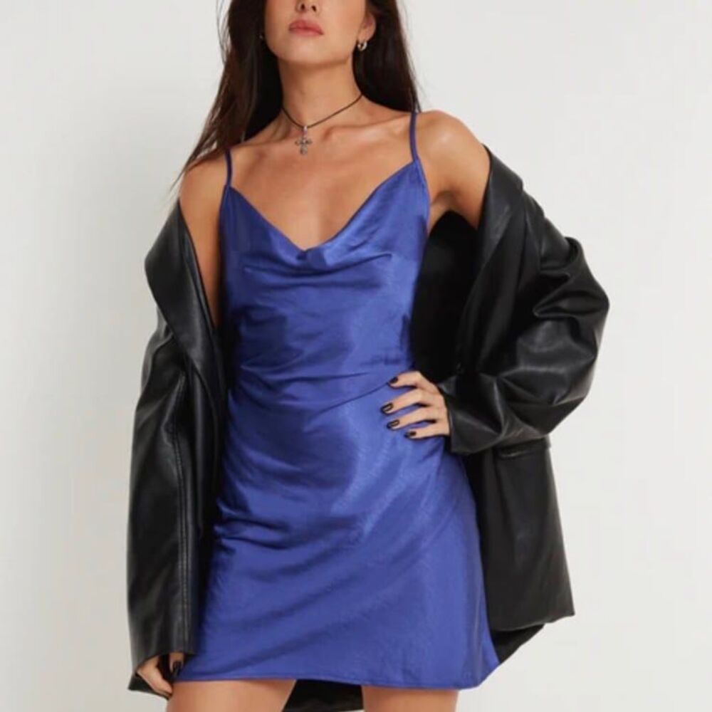 Royal blue cowl neck satin dress